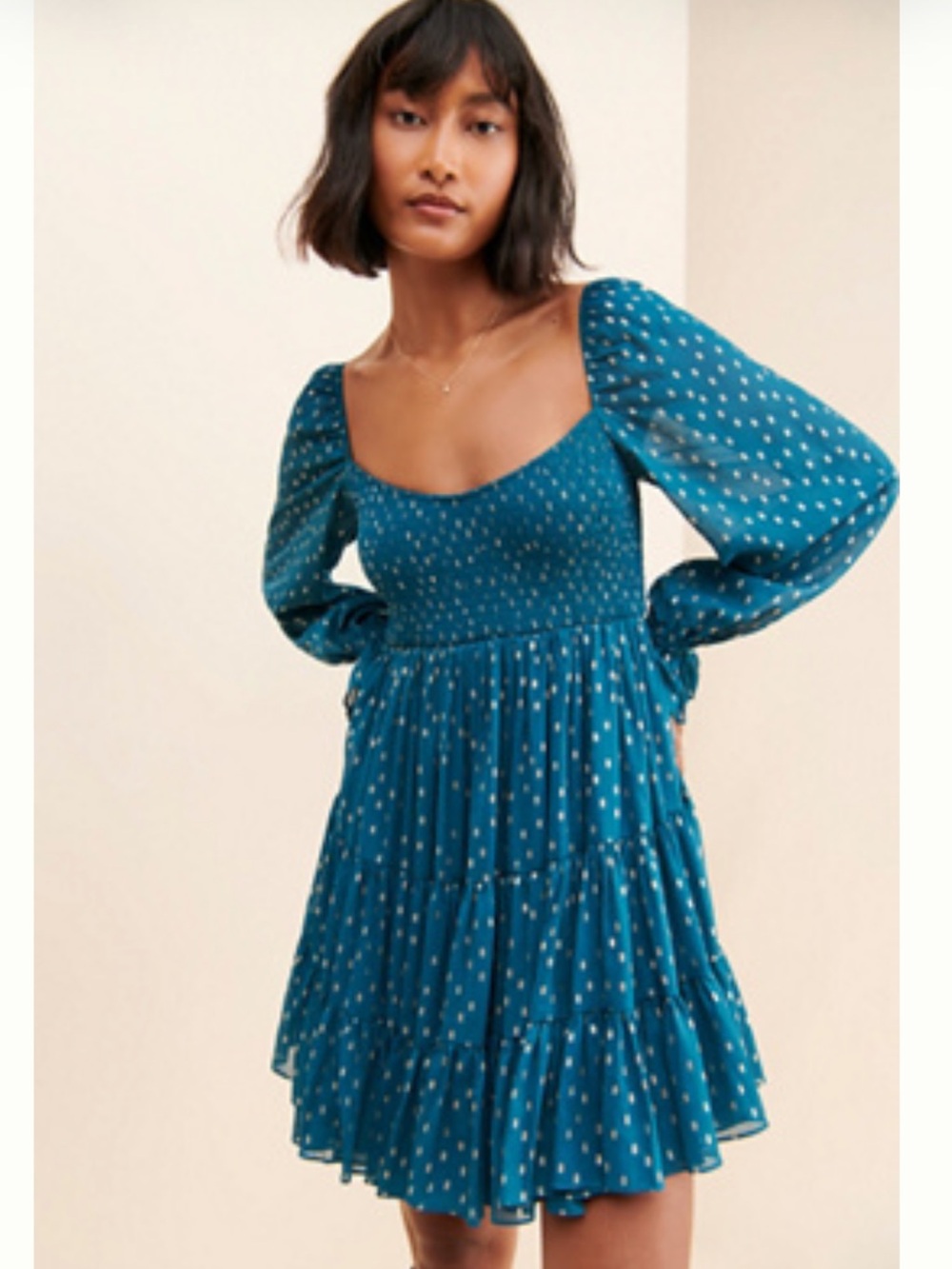Teal Long-Sleeve Smocked Mini Dress